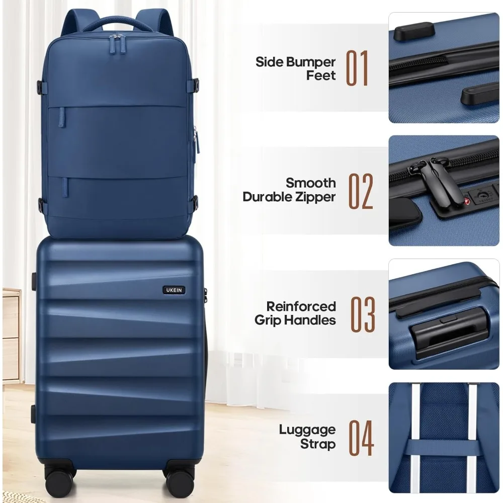 Polycarbonate Hardshell Spinner Luggage Set with Carry-On Suitcase and Backpack, Airline Approved for Travel, Long-Lasting Durab