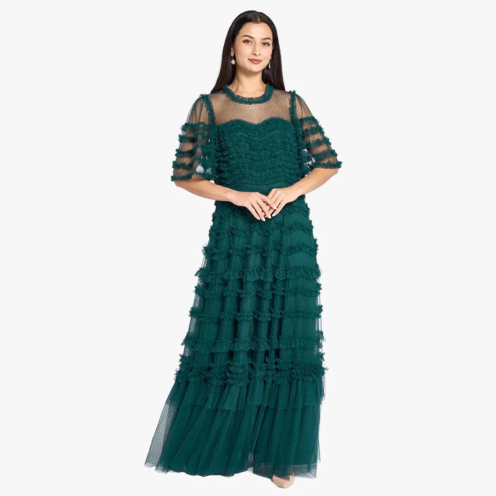 

Customized Prom Dress Ruffle Tiered Tulle Illusion O Neck Maxi Prom Gowns for Women Half Sleeves A Line Luxury Evening Dresses
