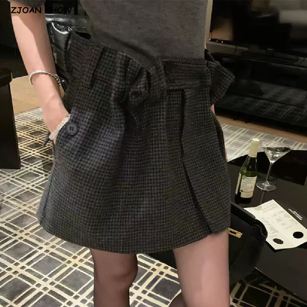 New Autumn Gray Black Houndstooth Plaid Woollen Mini Skirt Women Ruched High Waist Ball Gown Short Skater Party Femme Skirts