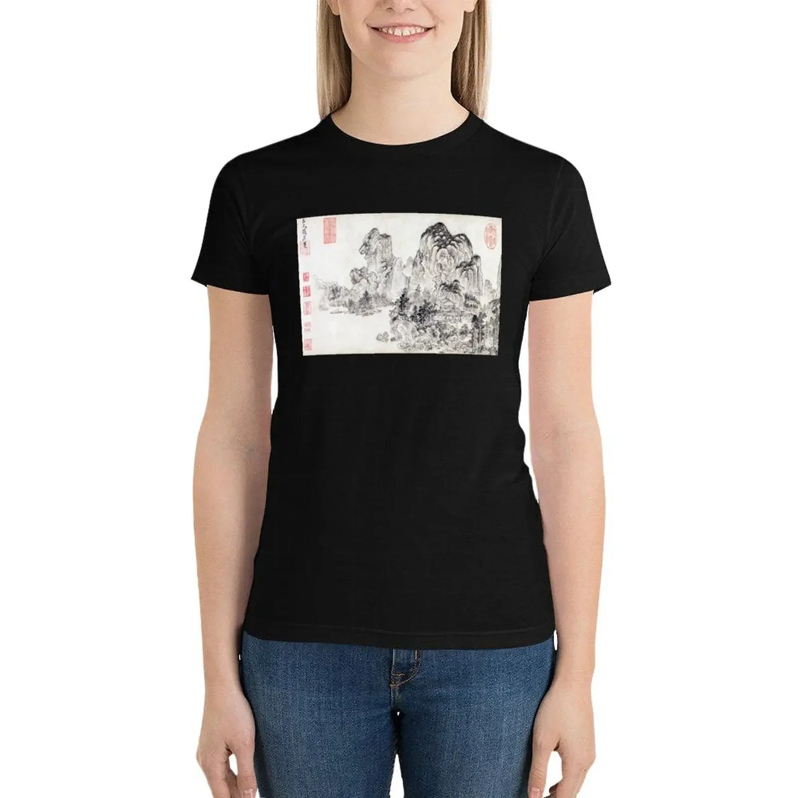 

Landscape in the Style of Yan Wengui and Fan Kuan (Restored Japanese Artwork) T-Shirt Blouse female t shirts for Womens