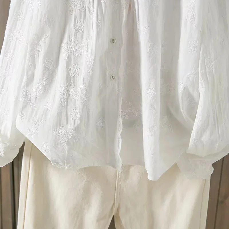 New 2025 Spring Cotton Long Sleeve Shirt, Women Ruffled Embroidery, Mori Girl Vintage French Design White Loose Blouse T53515CC
