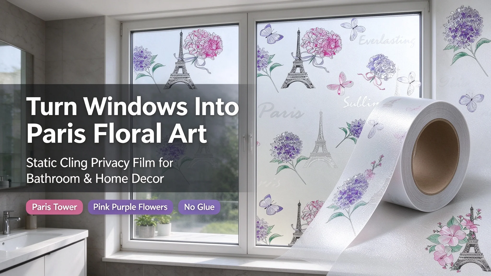 Paris Floral Privacy Window Film, Eiffel Tower Flower Butterfly Decorative Frosted Glass Sticker for Bathroom Home Office