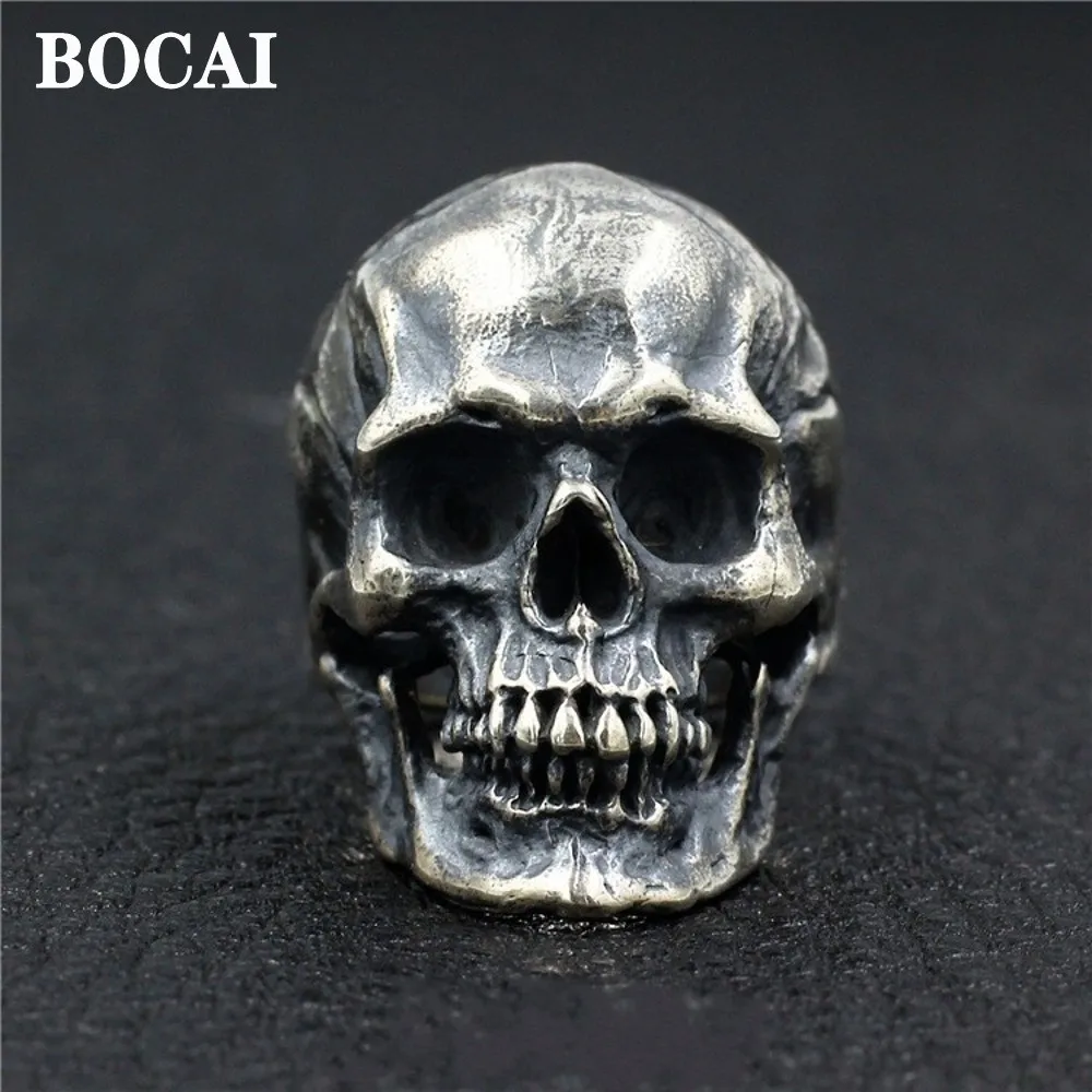 BOCAI New Real s925 Pure Silver Jewelry Accessories Handmade Retro Personality Domineering Punk Tough Guy Big Skull Man Ring