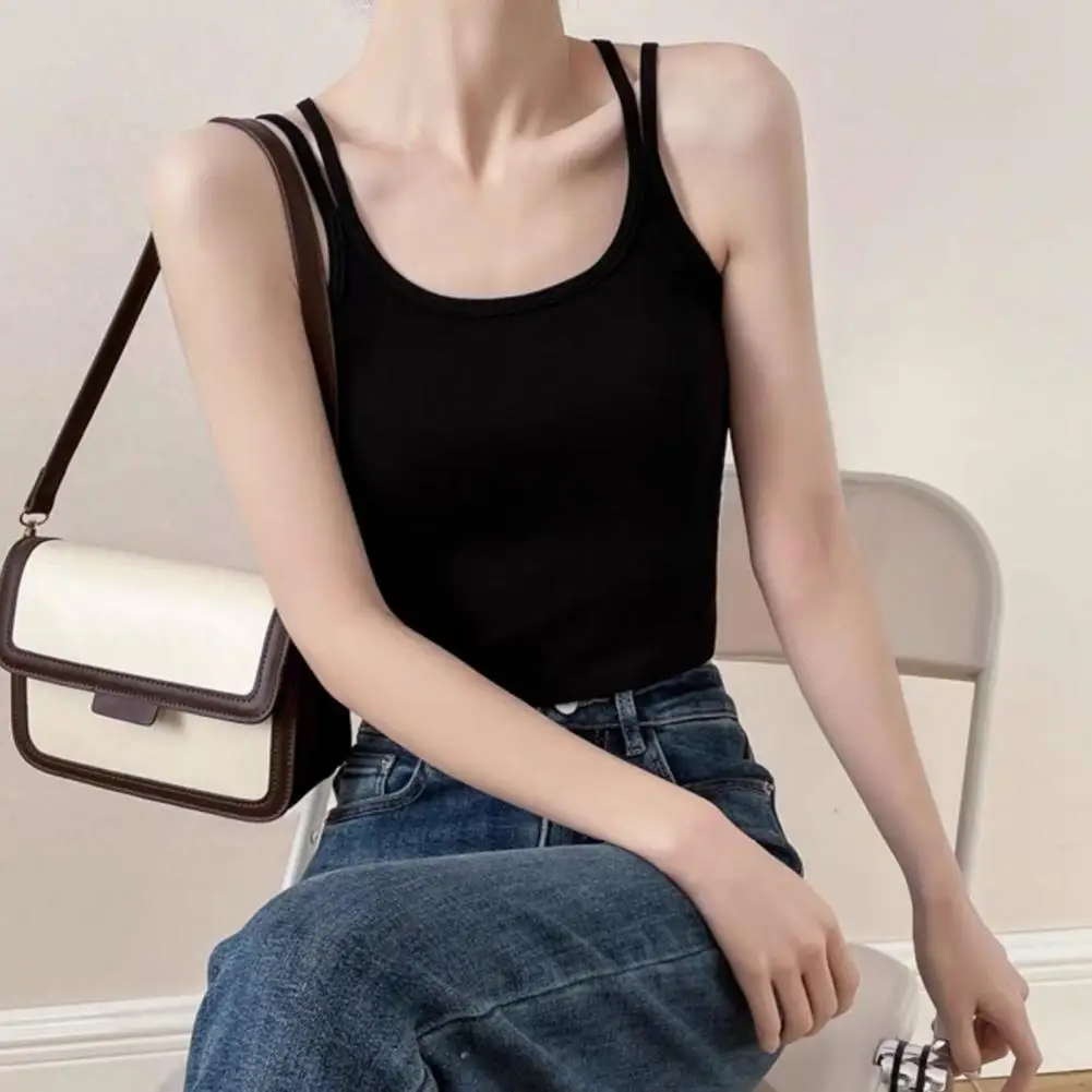 Women's Top With Bulit In Bra Summer Spaghetti Strap Sleeveless Camisole Tops Seamless Padded Cami Base Layer