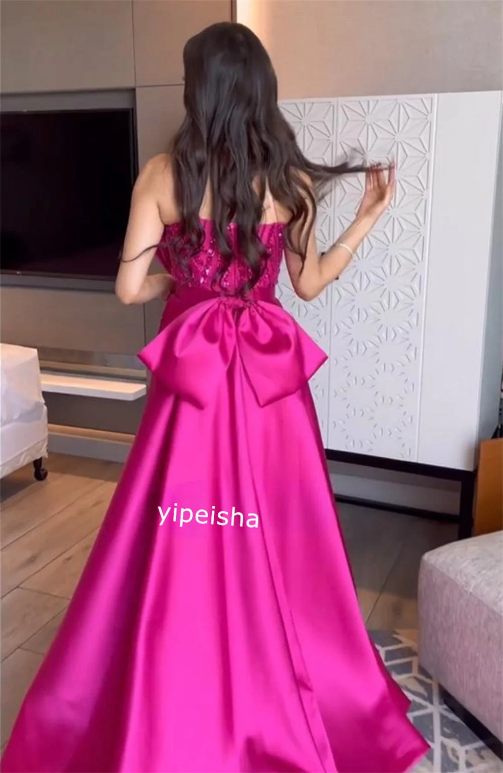  Evening Satin Sequined Bow Graduation Ball Gown Strapless Bespoke Occasion Long Dresses  Arabia  