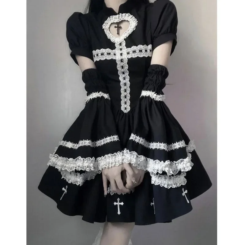 Gaun Cosplay Gotik Jepang pakaian Y2k renda lengan panjang berlubang kostum wanita gaun Lolita Kawaii pengiring Harajuku wanita