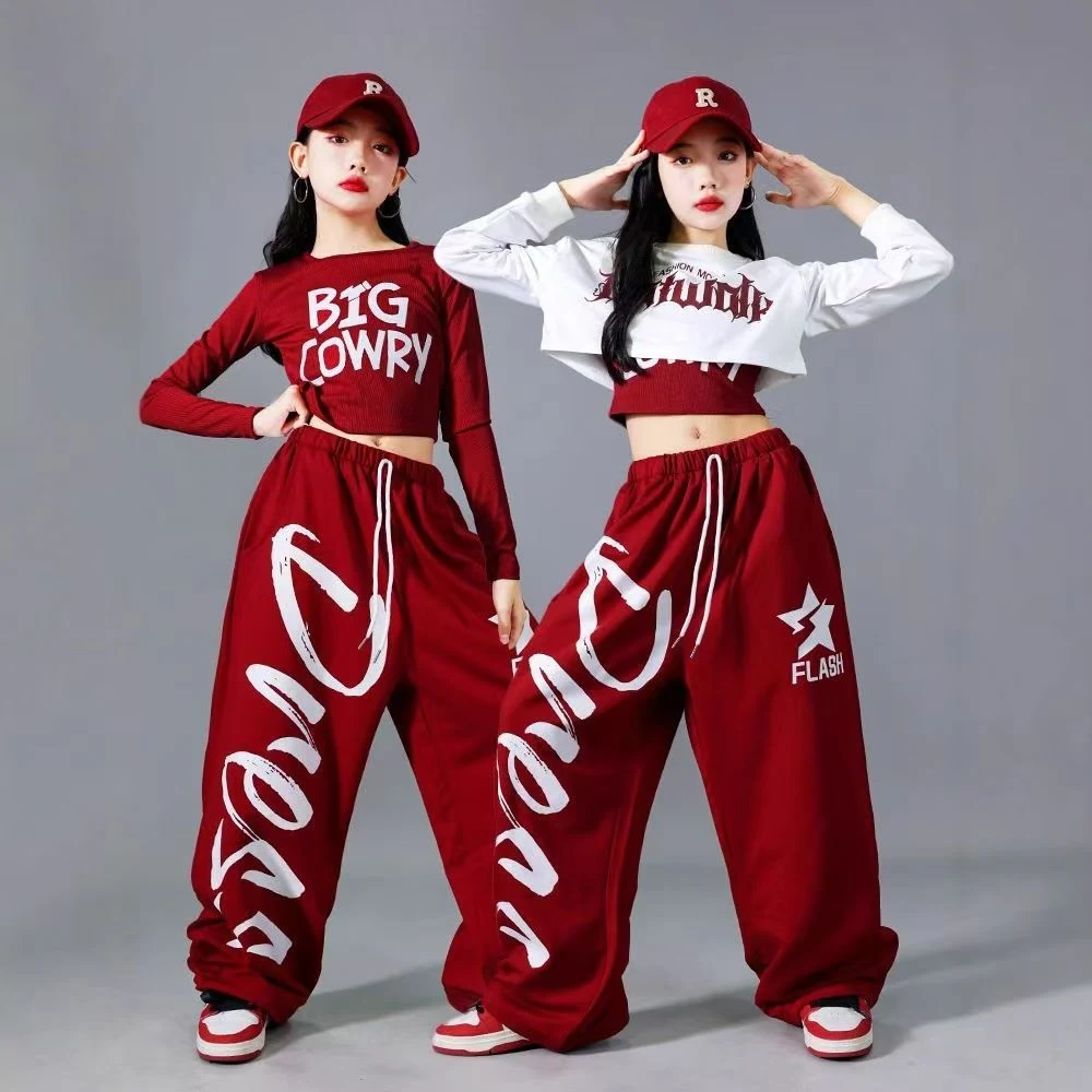 Children Street Dance Wear Girls Red Hip Hop Dance Suit Kids Jazz Kpop Stage Outift Casual Clothes Long Sleeve Tops Pants 2290