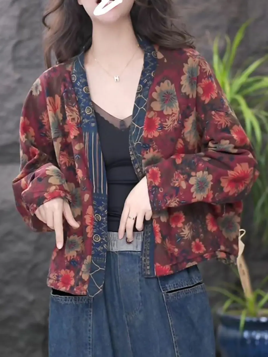 Ele rétro Double face porter Long Sve imprimé fleuri ort Cardigan Faionable artistique dames coton décontracté Jaet