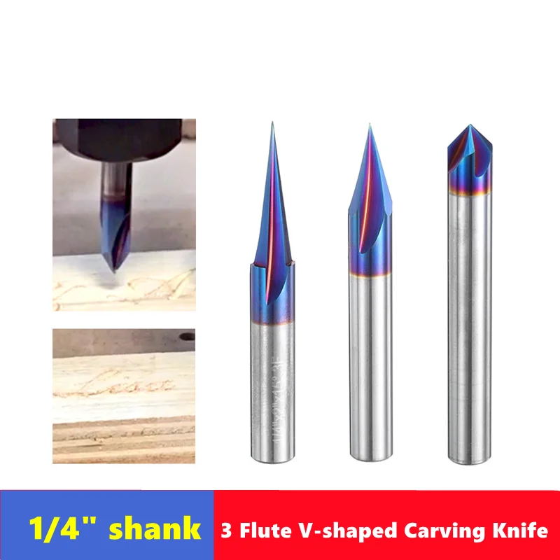 1/4 Inch Shank 3 Flute V-shaped Carving Knifer, 15/30/45/60/90 Degrees  Chamfering End Mill HRC93 Carbide  CNC Router Bit
