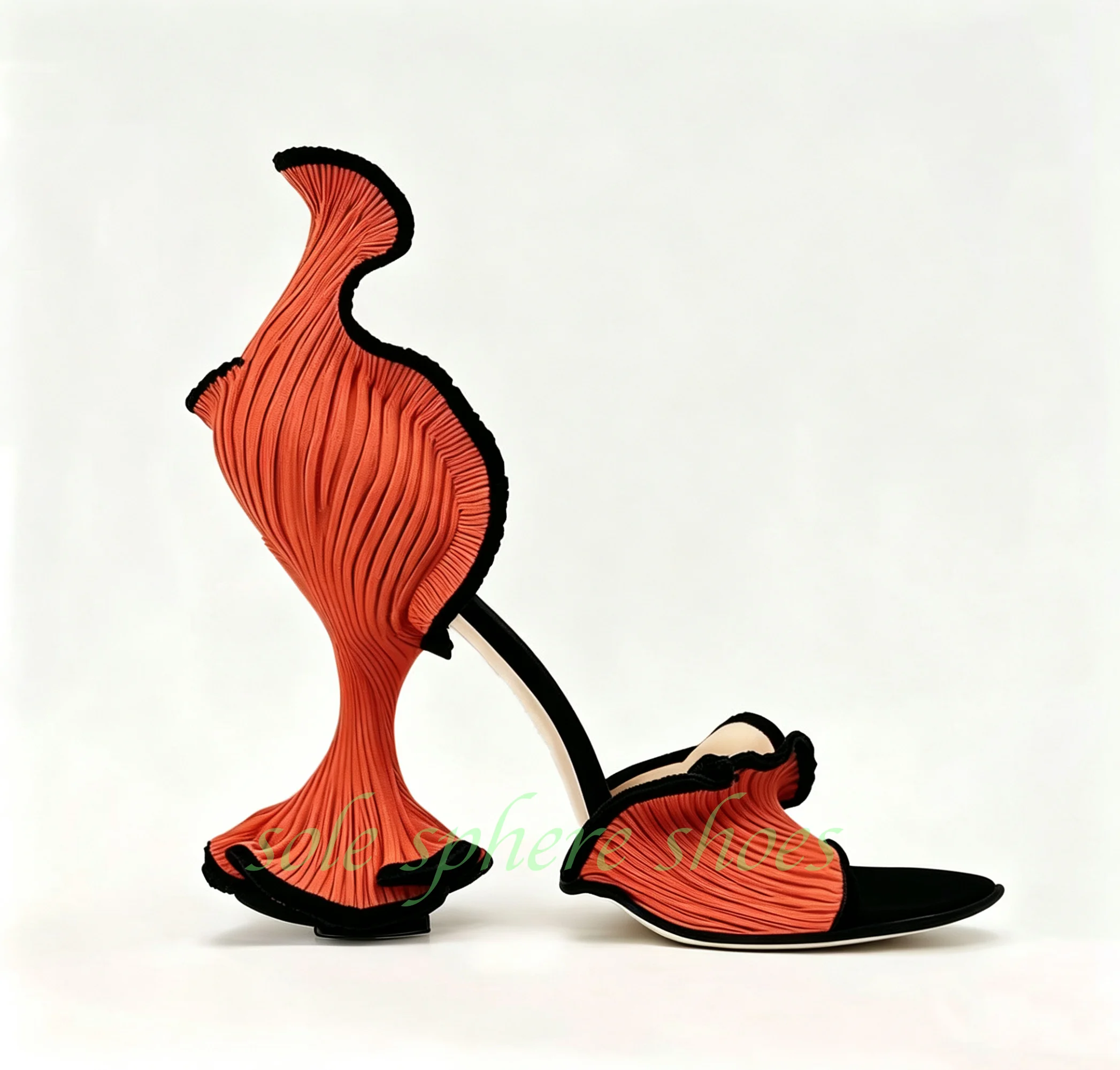 Sandalias de tacón alto naranjas con volantes plisados y tacón de forma escultórica, de punta abierta, sin cordones, estilo único y artístico, para fiesta, talla 46.