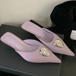 Metal Buckle Pointed Toe Mules Slippers Women Silk Low Heel Jeans Slides Comfort 2025 Summer Elegant Dress Shoes Women Sandals