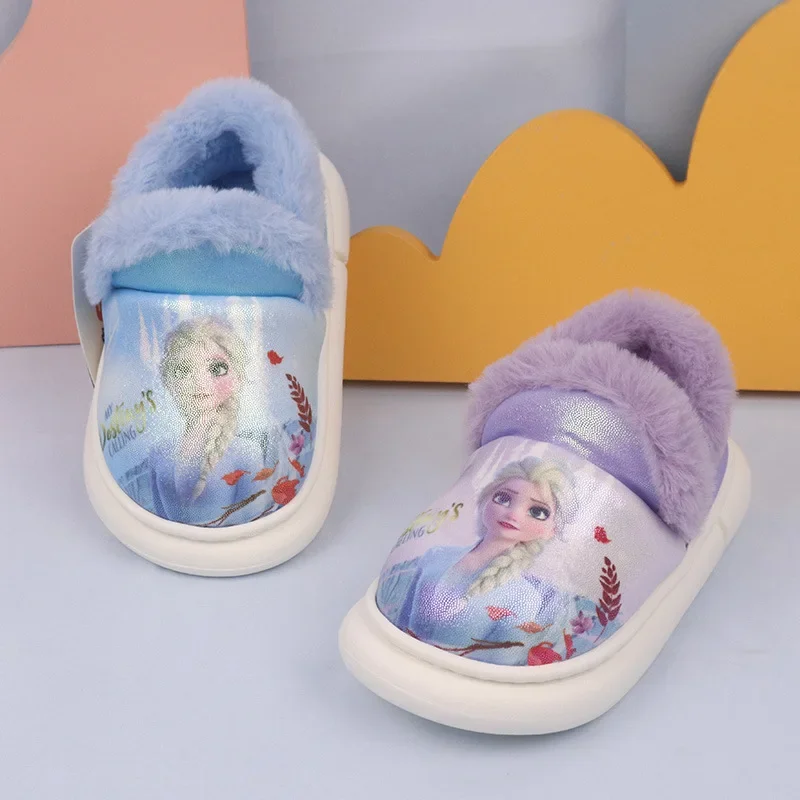 Disney Cartoon Frozen Princess Elsa Children\'s Plush Slippers Soft Non-slip Winter Warm Baby Girls Kids Indoor Home Cotton Shoes