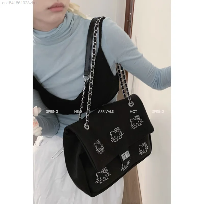 Sanrio Hello Kitty Large Capacity Bag For Women 2024 New Trendy Fashionable Nylon Black Bag Aesthetic Crossbody Bag Ladies Tote