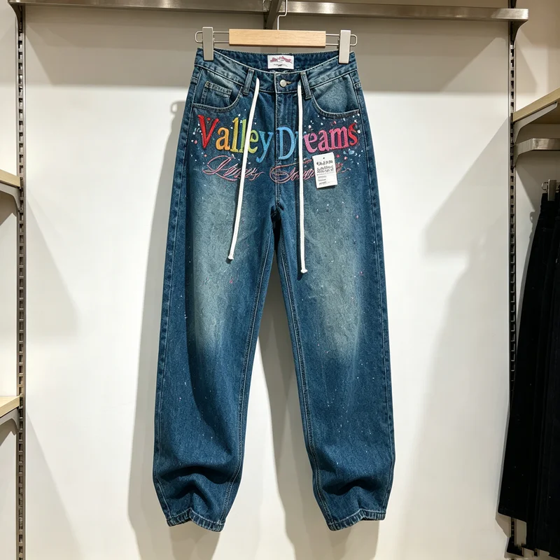 

VALLEY Rainbow Letters Label Embroidery Colorful Diamond Jeans Men Women High Quality Loose Straight Splashed Ink Trousers Y2k