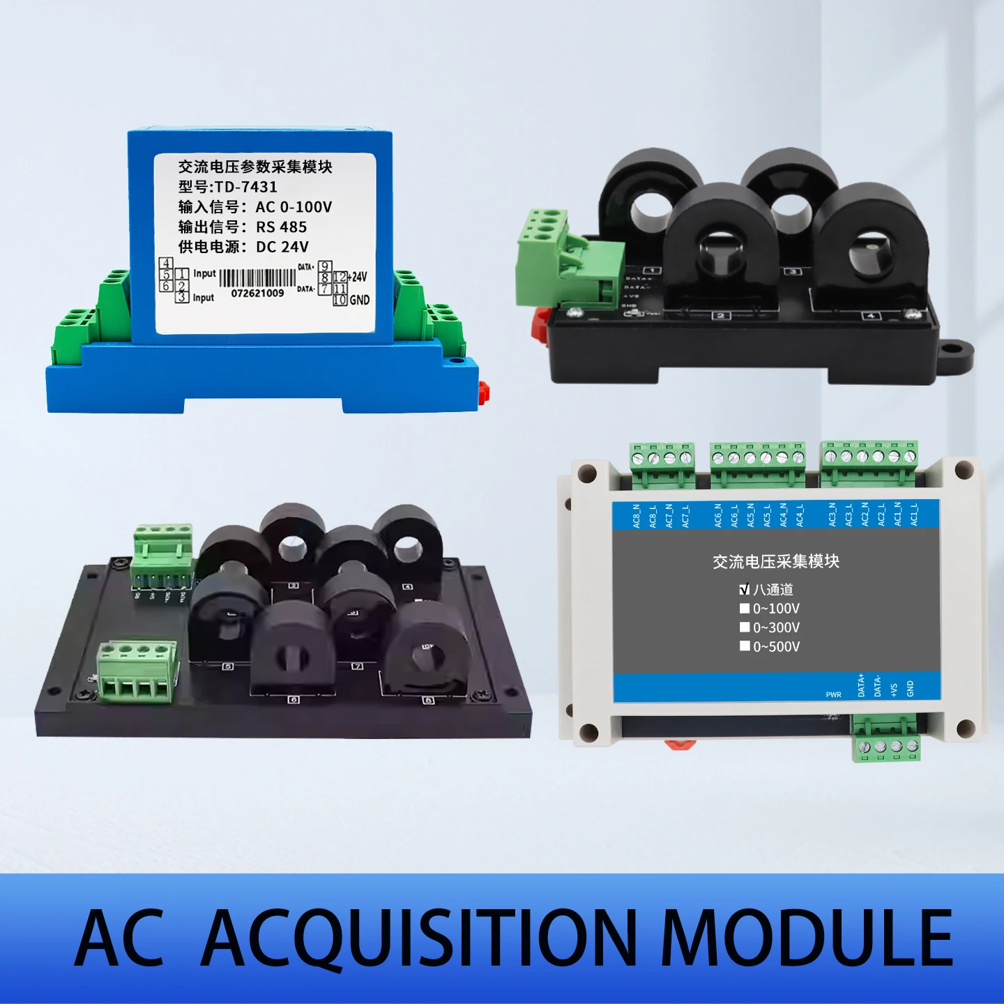 Modulo di acquisizione tensione CA industriale a 8 canali (0-500 V) - Vero RMS, RS485 MODBUS-RTU, isolamento 3000 V per monitoraggio intelligente