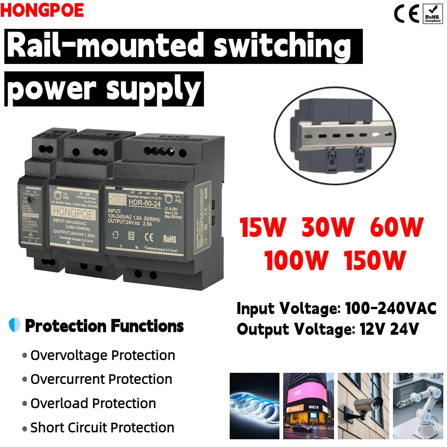 DIN Rail SMPS 15W-150W 12V/24V Selectable, 100-240VAC Input, Industrial Automation Power Supply, All-Copper Transformer for LED.