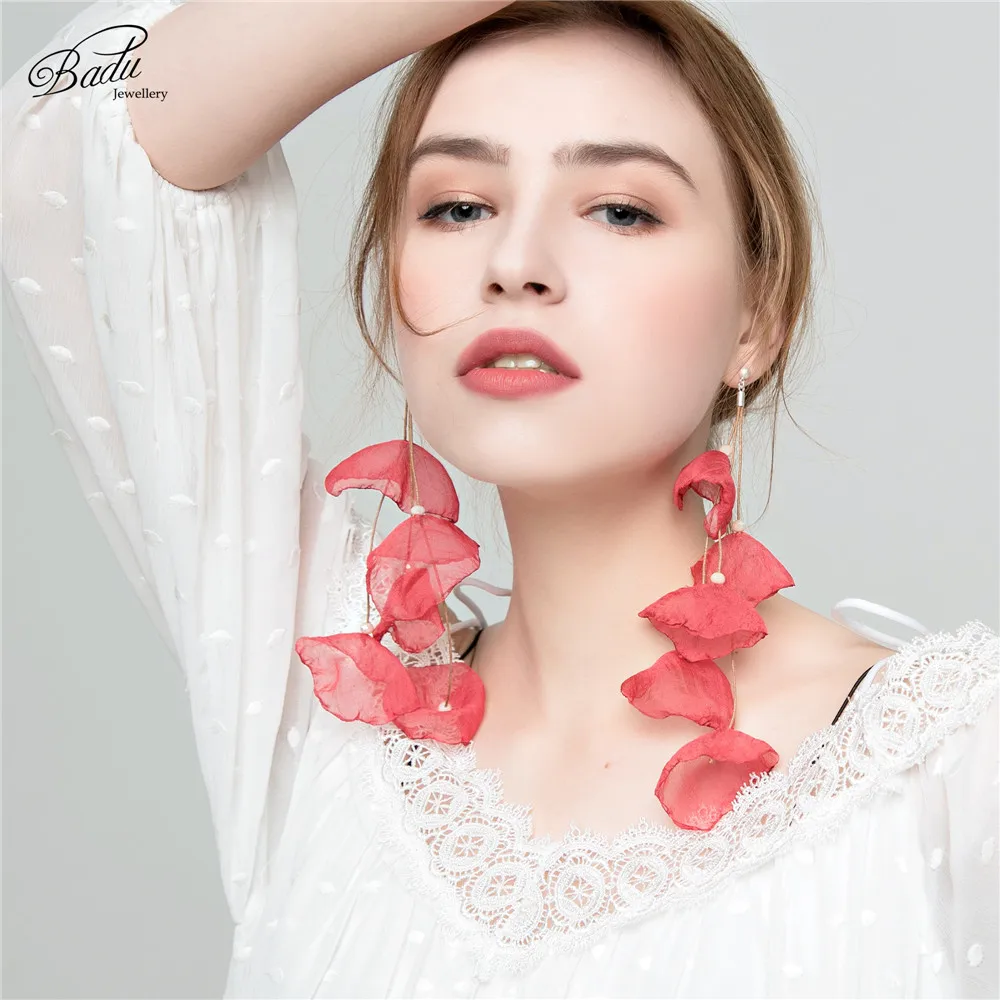 Badu Long Yarn Flower Earrings Bohemian Handmade Big Tassel Jewelry Colorful Drop Earring for Women Fashion Fabric Fringe Dangle