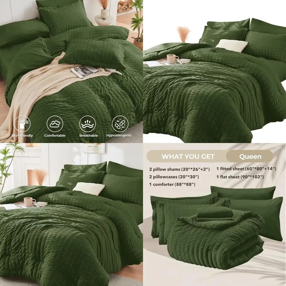 

Комплект одеял из 7 предметов оливково-зеленого цвета Seersucker Queen, всесезонное роскошное постельное белье с простынями, наволочками и шамс для спальни