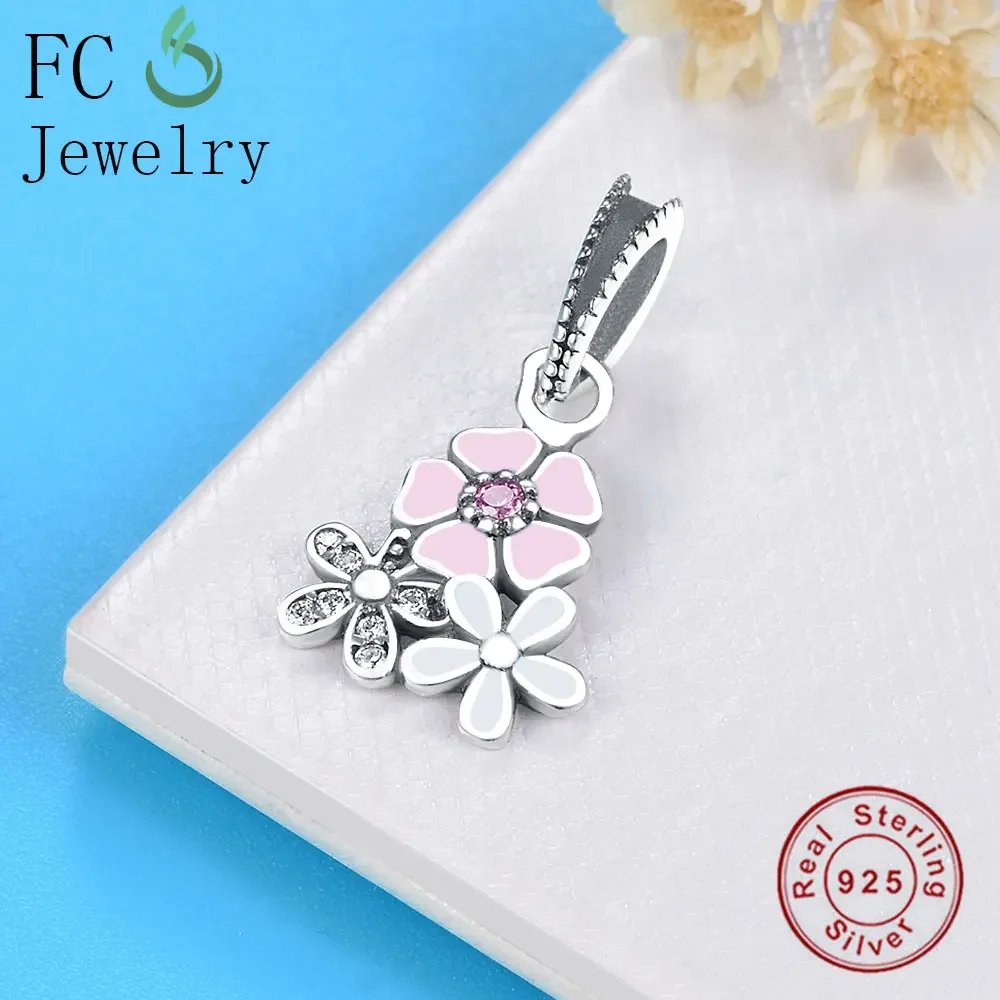 FC Jewelry Fit Original Pan Charms Bracelet 925 Sterling Silver Pink Enamel Flower Beads Pendant For Making Women Berloque