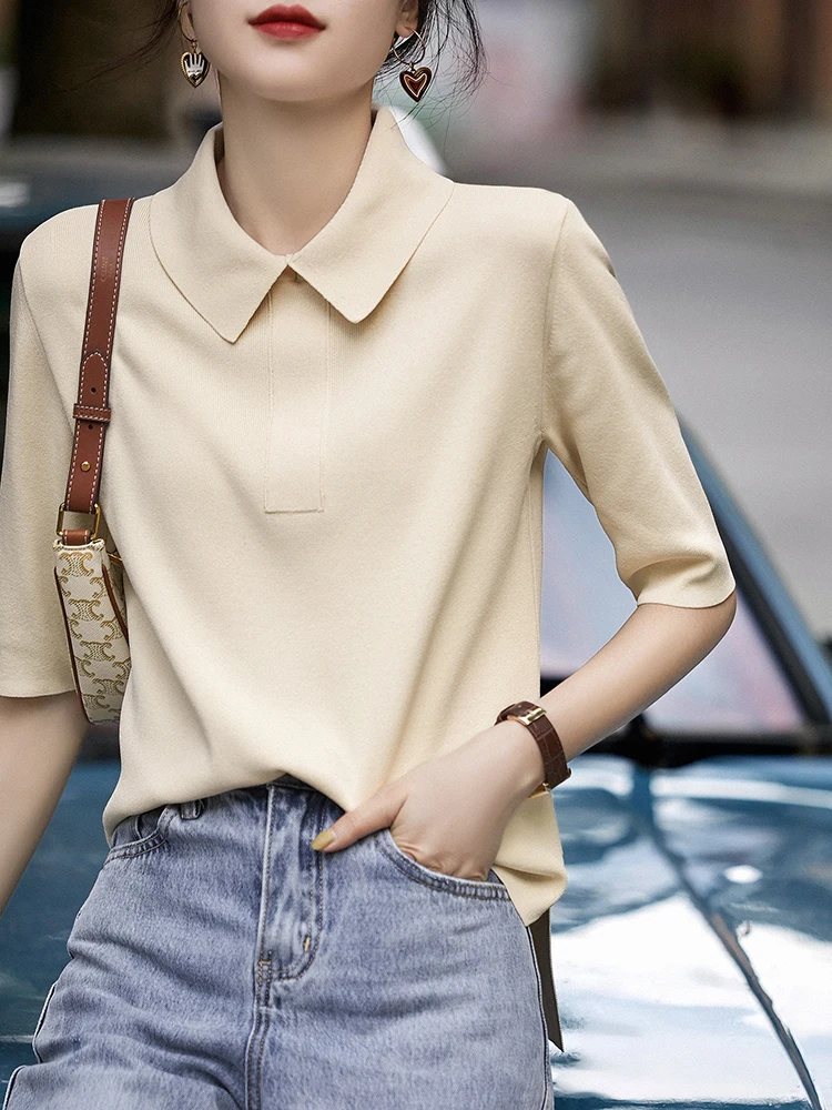 

2022 Summer T Shirt Women Knitted Tshirt Turn-down Collar Top Ladies T Shirts Vintage Clothes Short Sleeve Tees Tee Shirt Femme