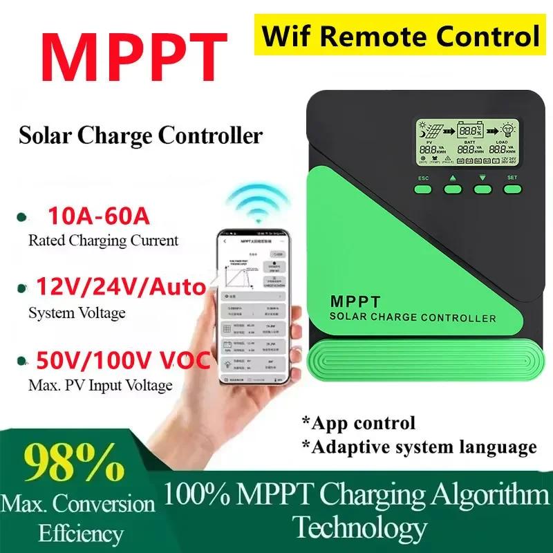 12/24V MPPT Solar Charge Controller WiFi Solar Panel Regulator LCD USB for Lifepo4 Lead Acid Lithium Battery 10A - 60A