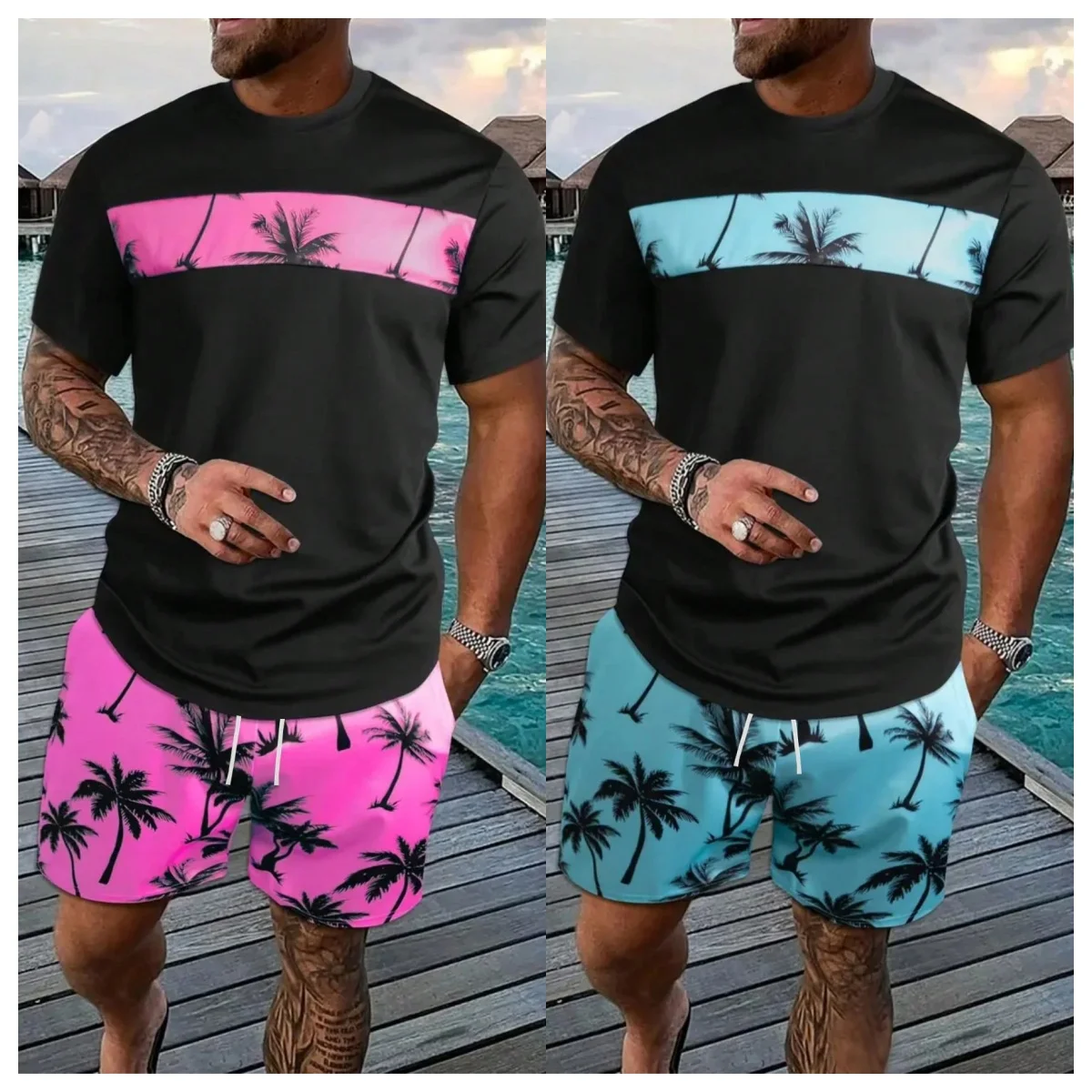 

2025 Tropical Coconut Tree Print Men's Two-piece Set, Casual Round Neck Short-sleeved 3D T-shirt and Drawstring Shorts Set