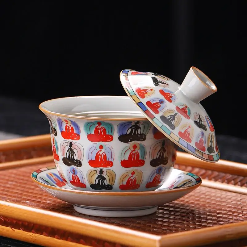 Thousand-Buddha Carved Porcelain Gaiwan Premium Tea Tureen Rotating for Kungfu Brewing Sacred Art Elevates Solo Sessions