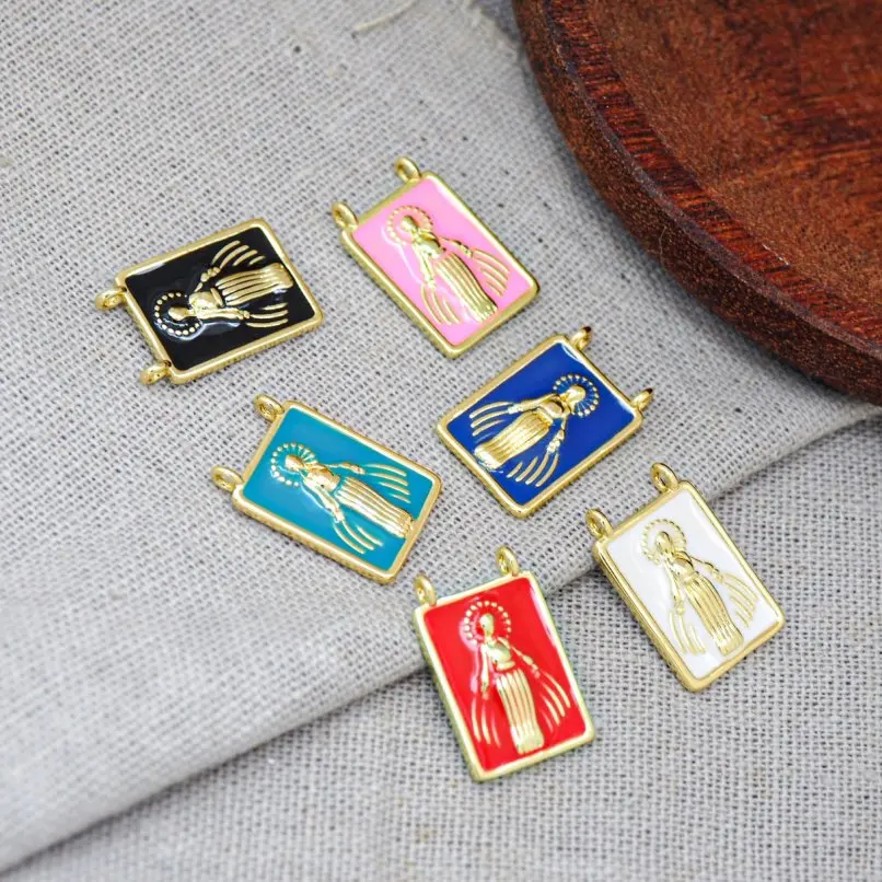 

2Pcs Christian Copper Charms Spiritual Pendant Face Religious Madonna Square Gold Color Enamel Approx 11.9x18.3mm Jewelry