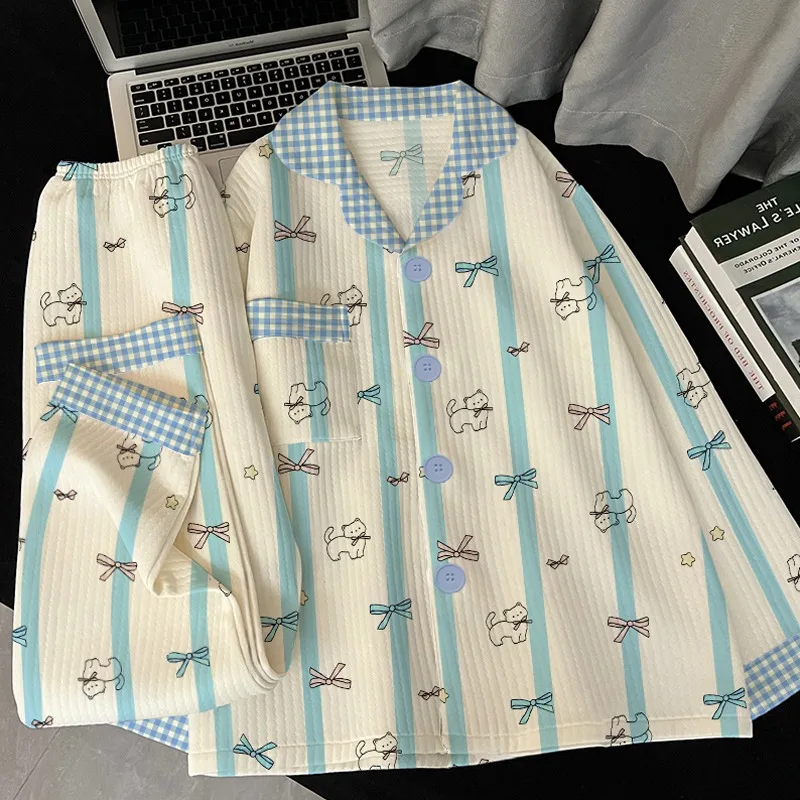 

Striped Cute Bow Tie Cat Print Sleepwear Set Long Sleeve Women's Pajamas Casual 2 Pieces Loungewear Autumn Winter New Home Suit