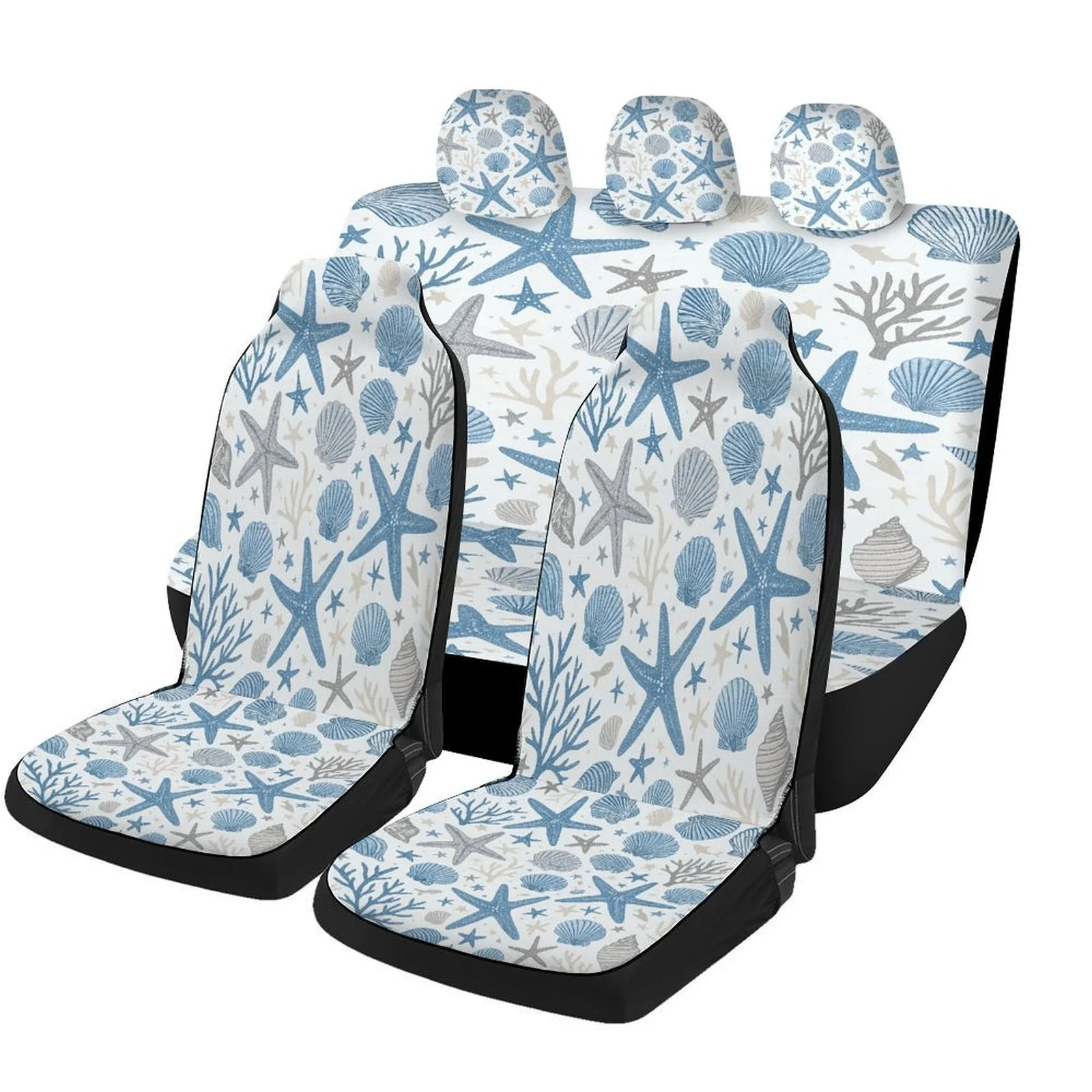 Ocean Life Pattern Car Seat Cover Set - Stylish Blue & White Starfish & Seashell Design, High-Quality Polyester, Full Coverage F