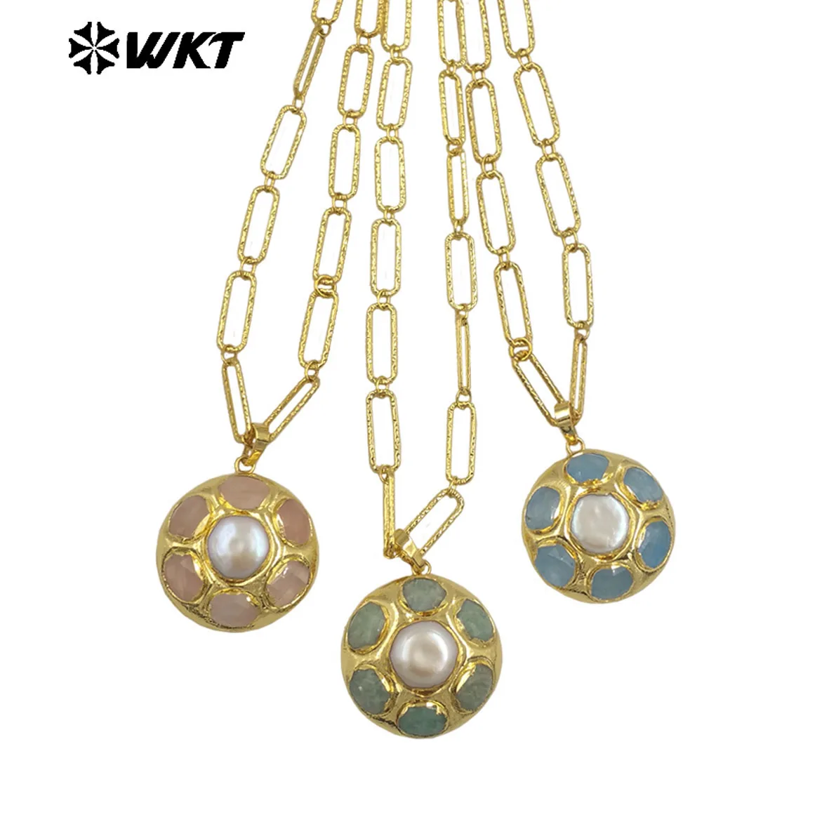 

WT-N1493 Hot Selling Colorful Stone And Pearl Paved 18k Gold Plated Pendant Chain Necklace For Friends Special Gifts