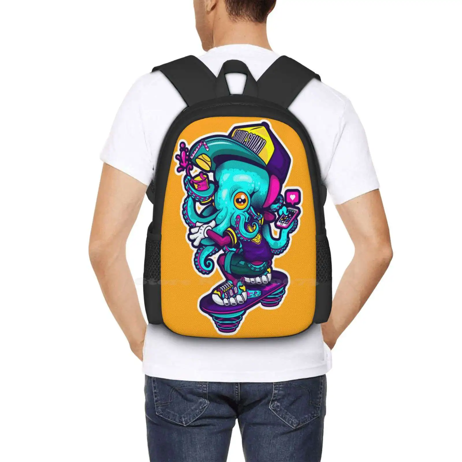 Cool Squid New Arrivals Unisex Bags Student Bag Backpack Cool Squid Calamar Pulpo Octopus Cap Bling Swag Style Vectorart Vector