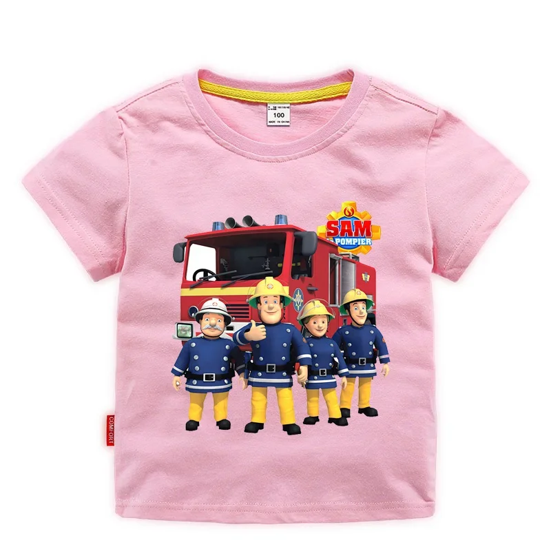 Children Cartoon Fireman Sam Print Cotton T-shirts for Boy Shirt Girl Short Sleeve Tee Top Clothes Kids Clothing Unisex 2-10Year