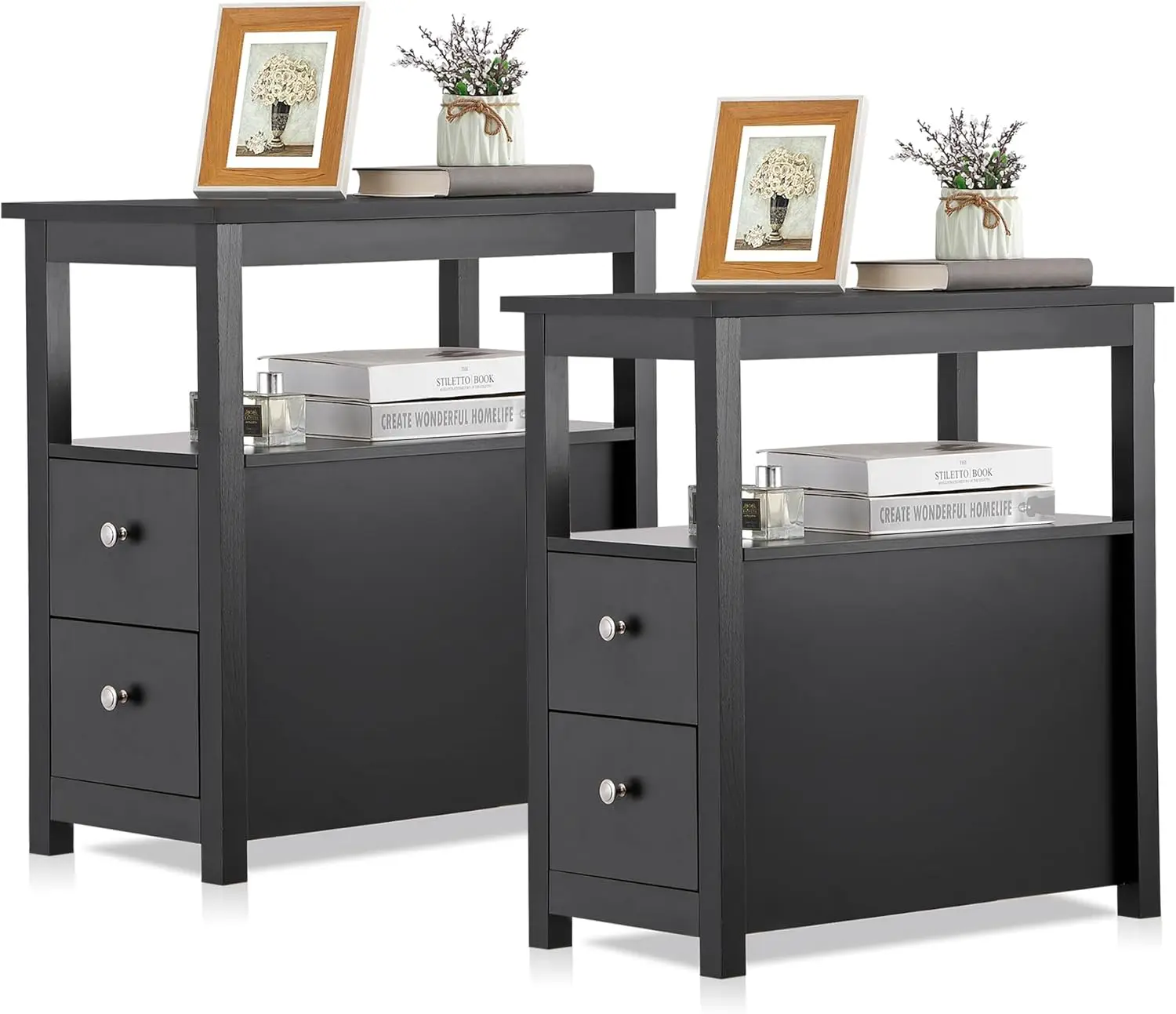 Zeny Narrow End Table Set Of 2 Side Table With Drawer And Open Shelf Sofa Table For Living Room Bedroom, Small Table For