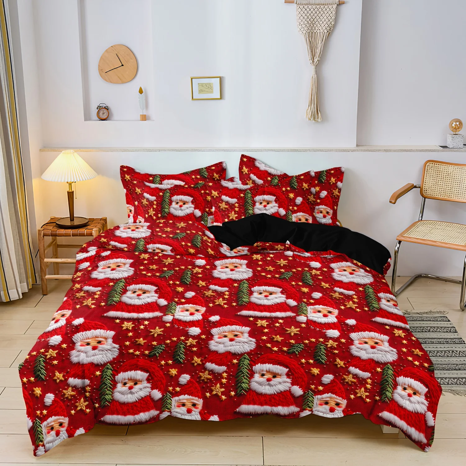 3Pcs Red Santa, Mini Christmas Trees and Golden Star Print Duvet Cover Set, Allover Santa Claus Christmas Bedding, Bedroom Decor