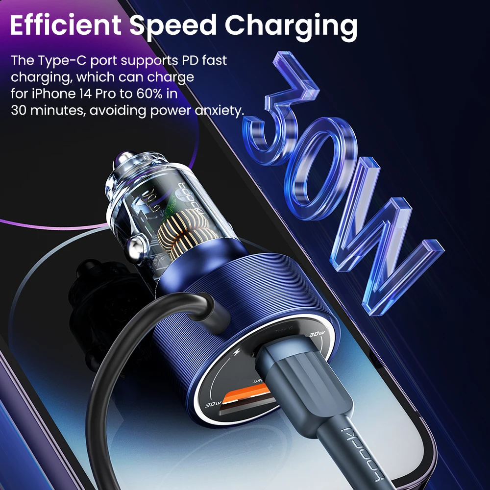 Toocki 60W USB Car Charger Quick Charge 4.0 3.0 For iPhone 15 14 Samsung S23 Xiaomi Type C Car Phone Charger With Type-C Cable