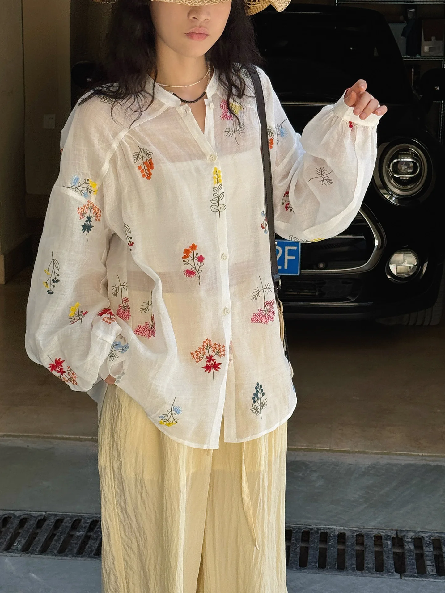 

Spring and summer women's casual solid color V-neck long sleeved embroidered decoration loose shirt