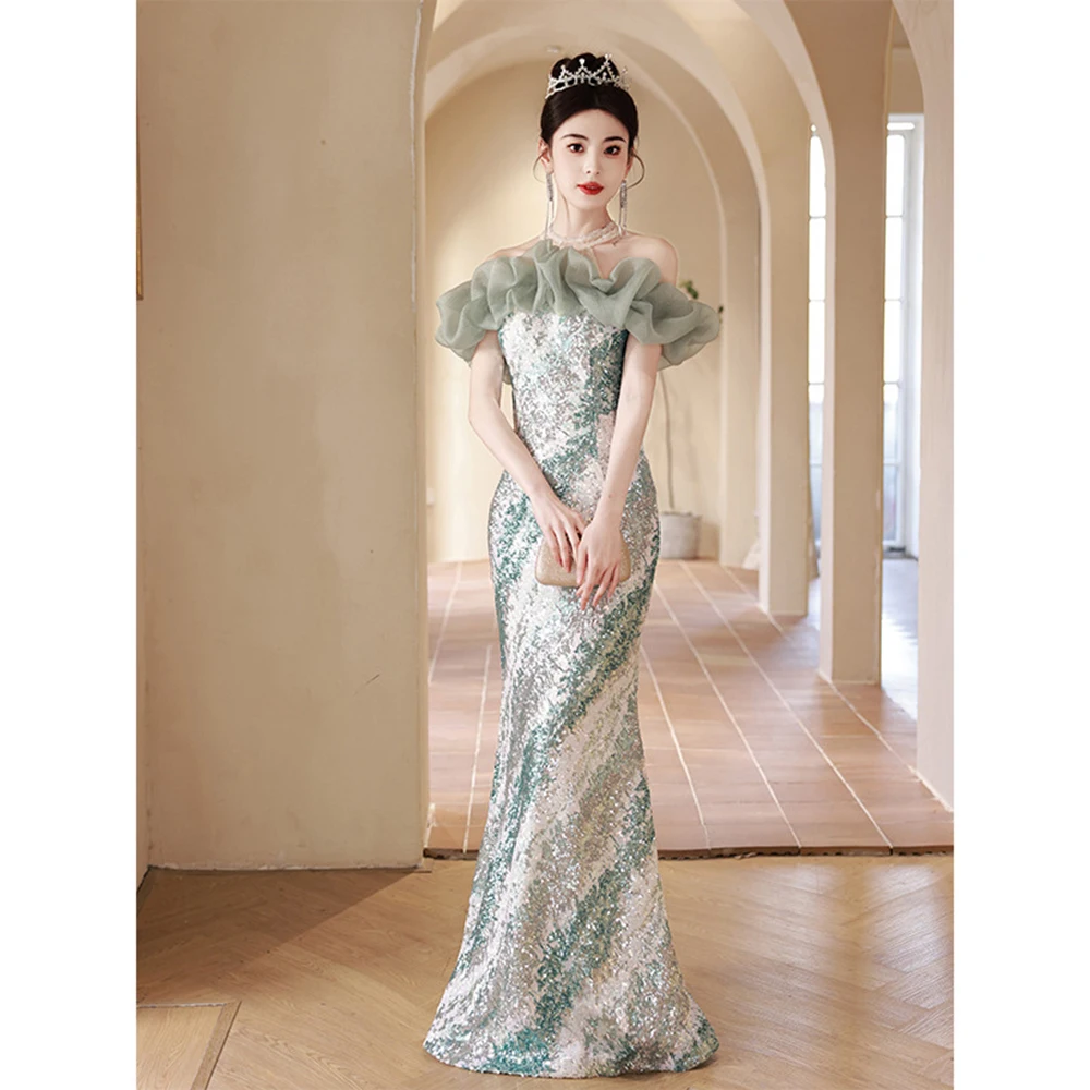 Luz francesa luxo brilhante lantejoulas vestidos elegante luz verde gradiente fishtail socialite vestido de baile fora do ombro longo