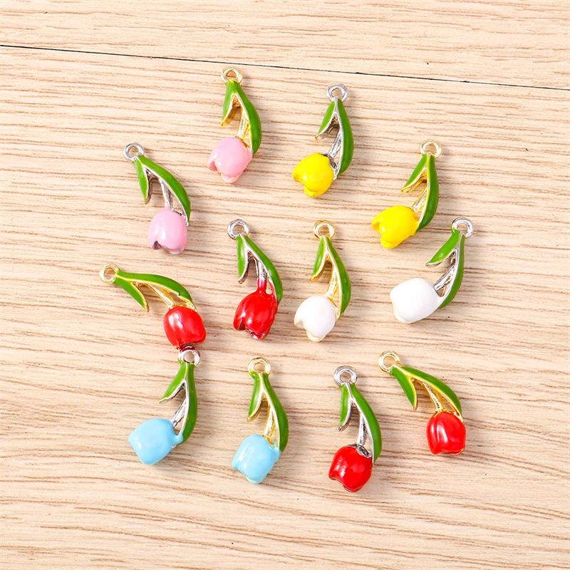 5 Stück 7x17mm Niedliche Bunte Emaille-Tulpenblumen-Anhänger für Schmuckherstellung, Ohrhänger, Halsketten, DIY-Bastelzubehör – Detail 13
