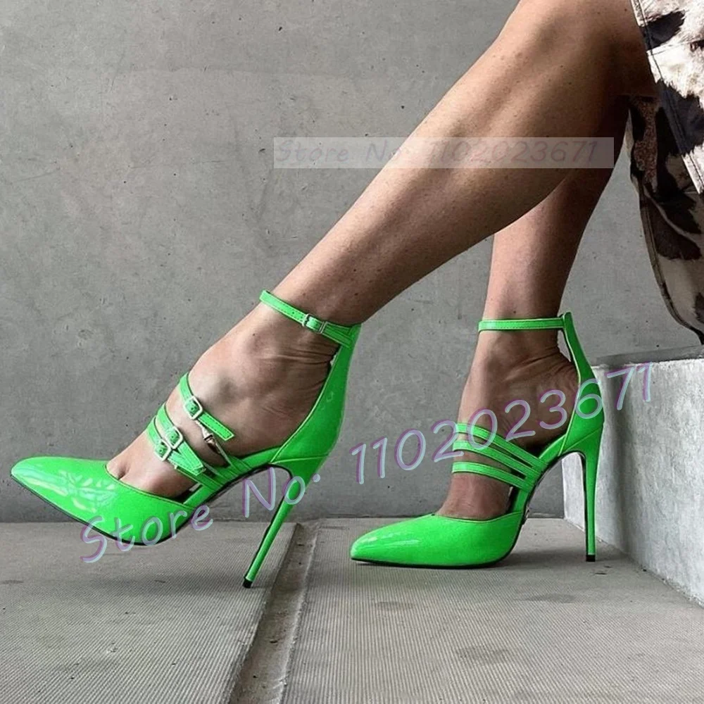 

Pointy Strappy Stiletto Heels Sandals Women Summer Belt Buckles Sexy High Heel Shoes Female Green Cover Heel Patent Sandals