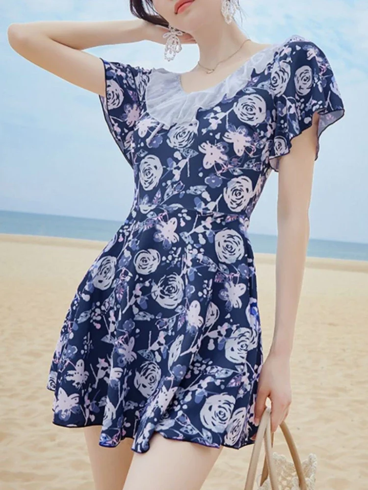 Impressão cover-up roupas femininas verão beach wear vintage com decote em v a linha de cintura alta kpop moda Куshenльник Жishiukan macio elegante novo