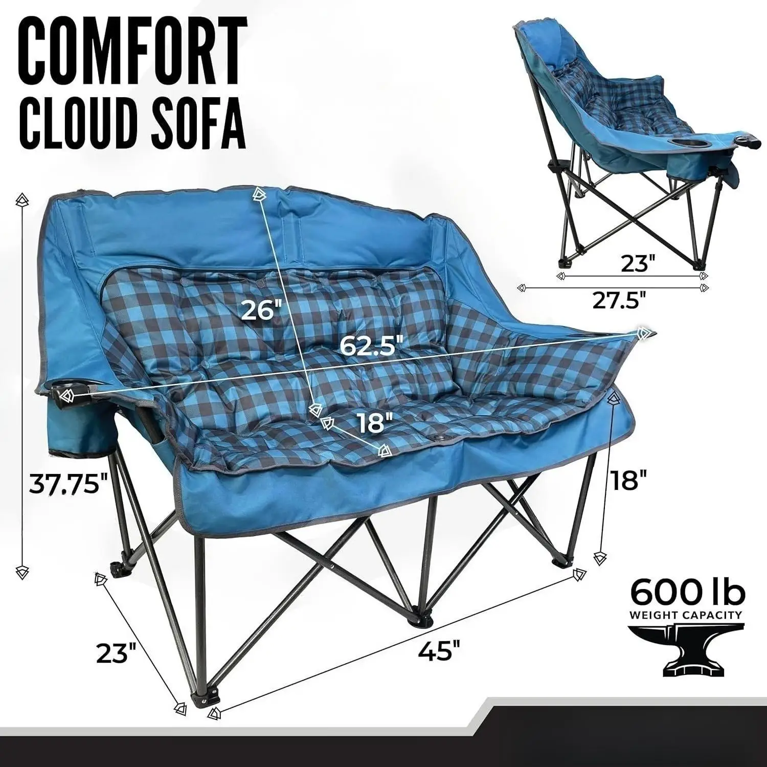 Sedia da campeggio doppia per adulti, divanetto pieghevole di grandi dimensioni supporta 600 libbre, divano da esterno imbottito in peluche con tazza