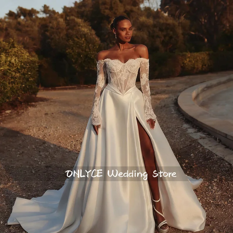 Customized Off Shoulder Neckline Long Sleeves Satin Wedding Dress Lace-up Back Floor Length High Slit Sweep Train Gown For Bride