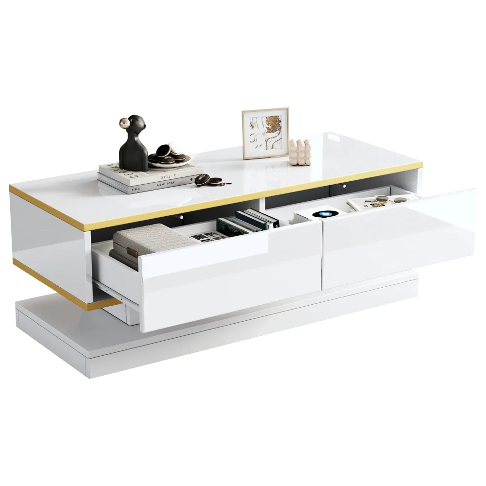 Moderner TV-Ständer mit 3 Schubladen, warmweißes Lowboard, goldener Rand, Wohnzimmer-Aufbewahrungsschrank – Detail 28