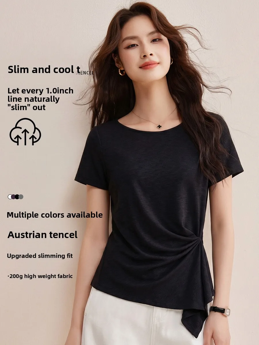 2026 New Women Dark Gray Lenzing Top Twist Knot Waist Layered Hem Casual Short Sleeve Tee Shirt T Shirt Women