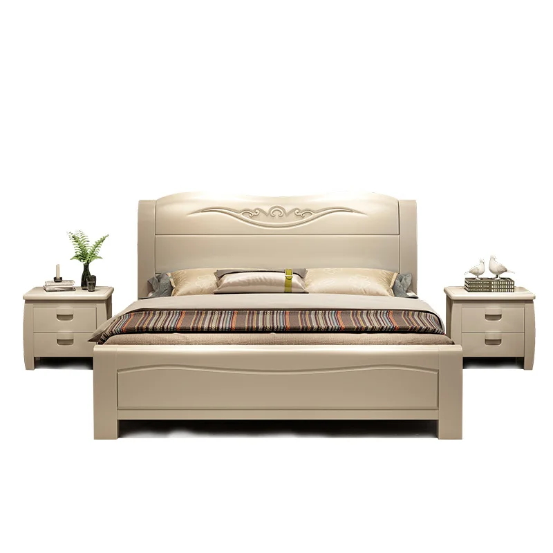 

Modern, minimalist, white, solid wood bed, master bedroom, Chinese style, double oak, storage