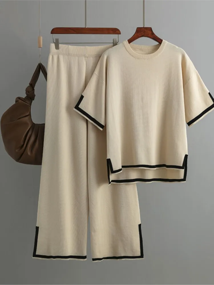 New Fashion Set Elegant Slit Short-sleeved Sweater + High-waisted Wide-leg Trousers Two-piece Set New Office Solid Casual Suit
