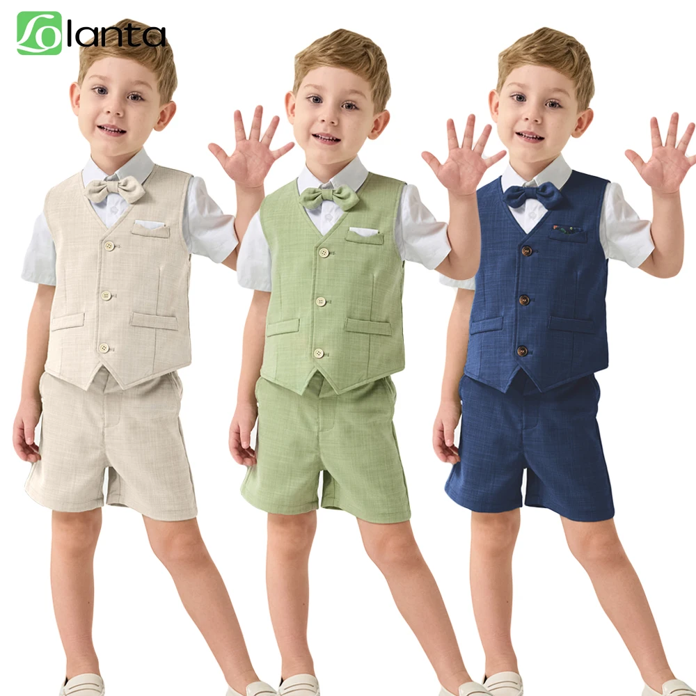 LOlanta 4Pcs Baby Boys Summer Gentleman Suits Short Sleeve Wedding Ring Bearer Outfits Graduation Dress Vest Shirt Bowtie Shorts