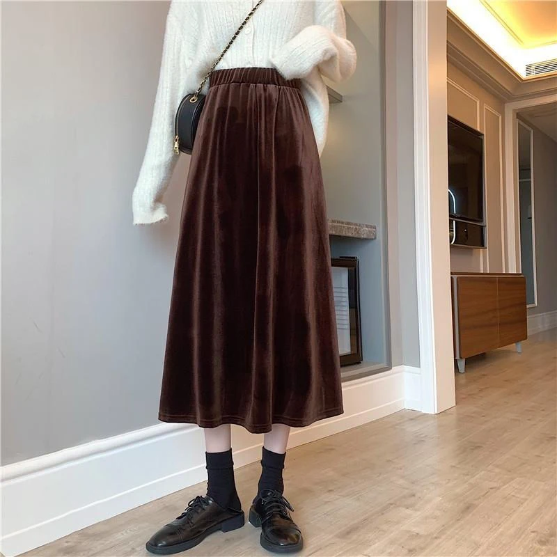 Rimocy Elegant Velvet Long Skirt for Women 2024 Vintage A Line High Waist Midi Skirt Female Solid Color Autumn Winter Skirts