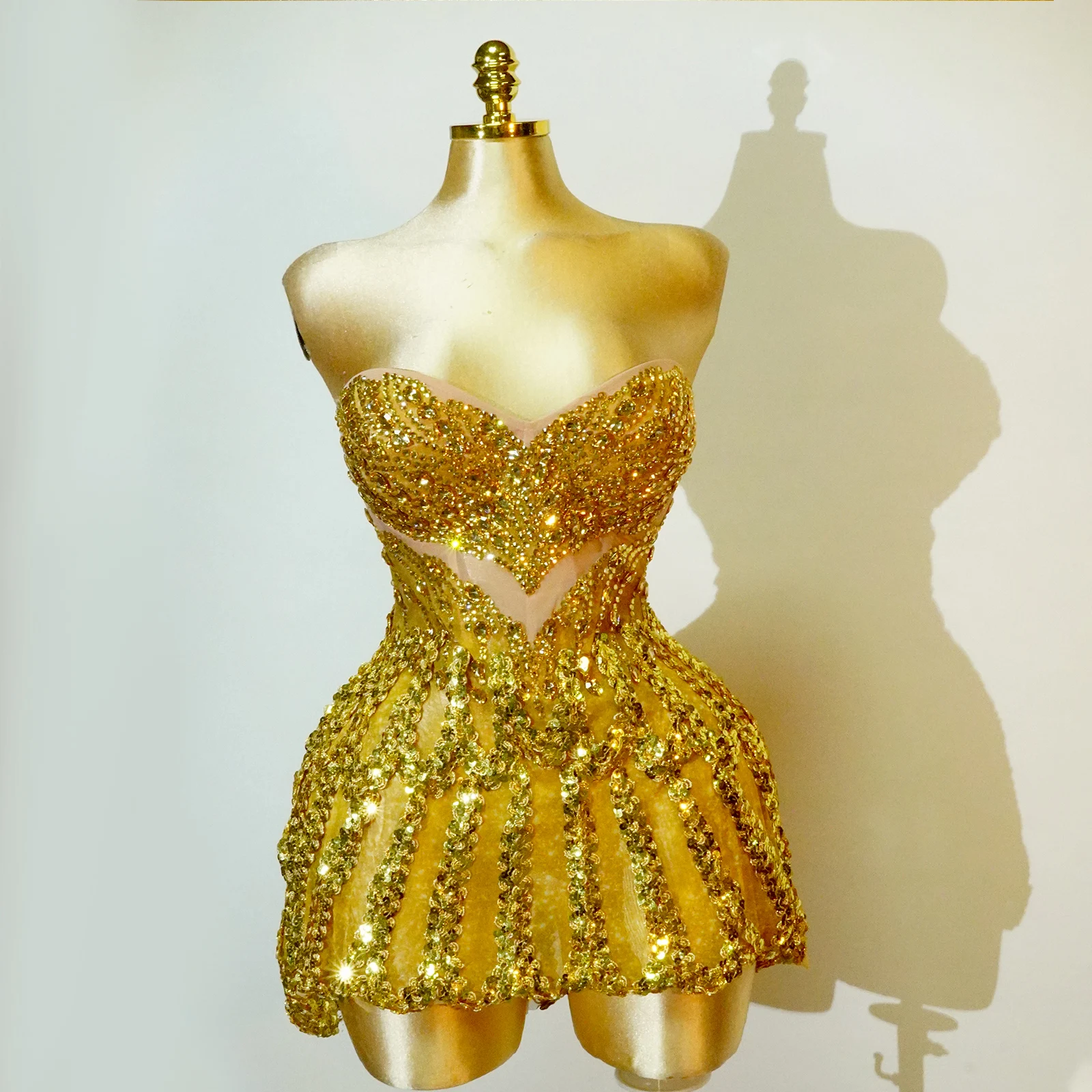 

Drag Queens Costume Sequin Gold Rhinestones Backless Mini Dress Dance For Woman Birthday Celebrate Outfit NightClub Singer Party